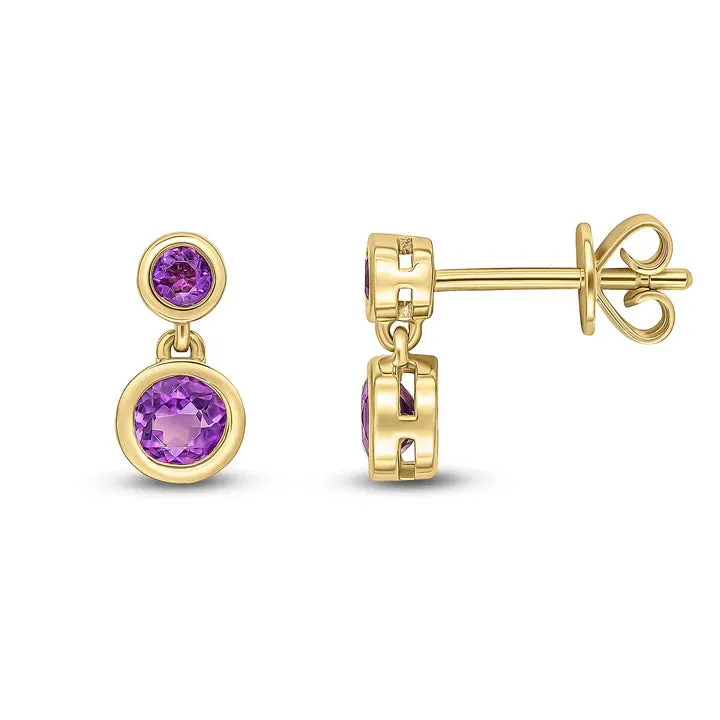 9ct Yellow Gold Round Amethyst 2 Stone Rubover Drop Earrings sold by C.W. Sellors product image thumbnail 2