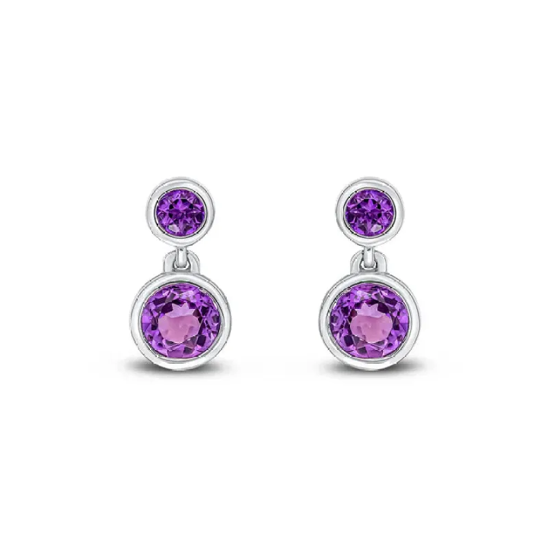 9ct White Gold Round Amethyst Rubover 2 Stone Drop Earrings sold by C.W. Sellors