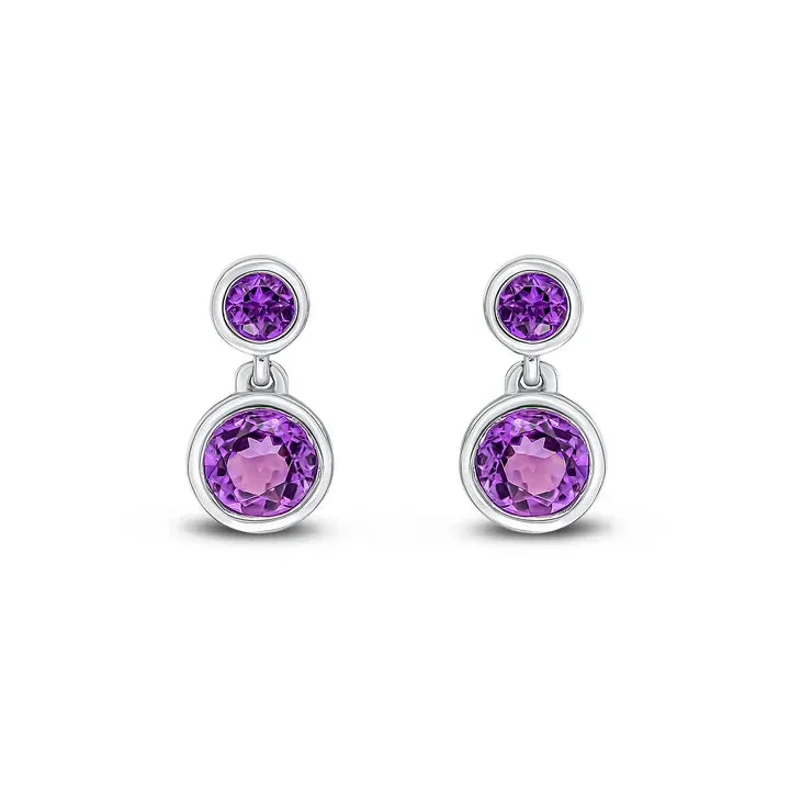 9ct White Gold Round Amethyst Rubover 2 Stone Drop Earrings sold by C.W. Sellors