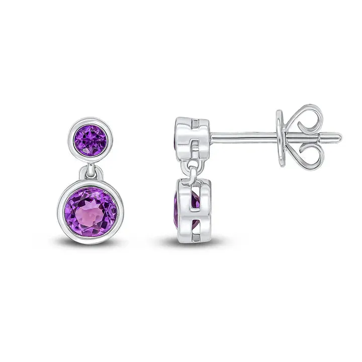 9ct White Gold Round Amethyst Rubover 2 Stone Drop Earrings sold by C.W. Sellors product image thumbnail 2