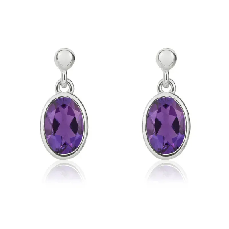 9ct White Gold 6x4 Oval Amethyst Rubover Drop Earrings sold by C.W. Sellors