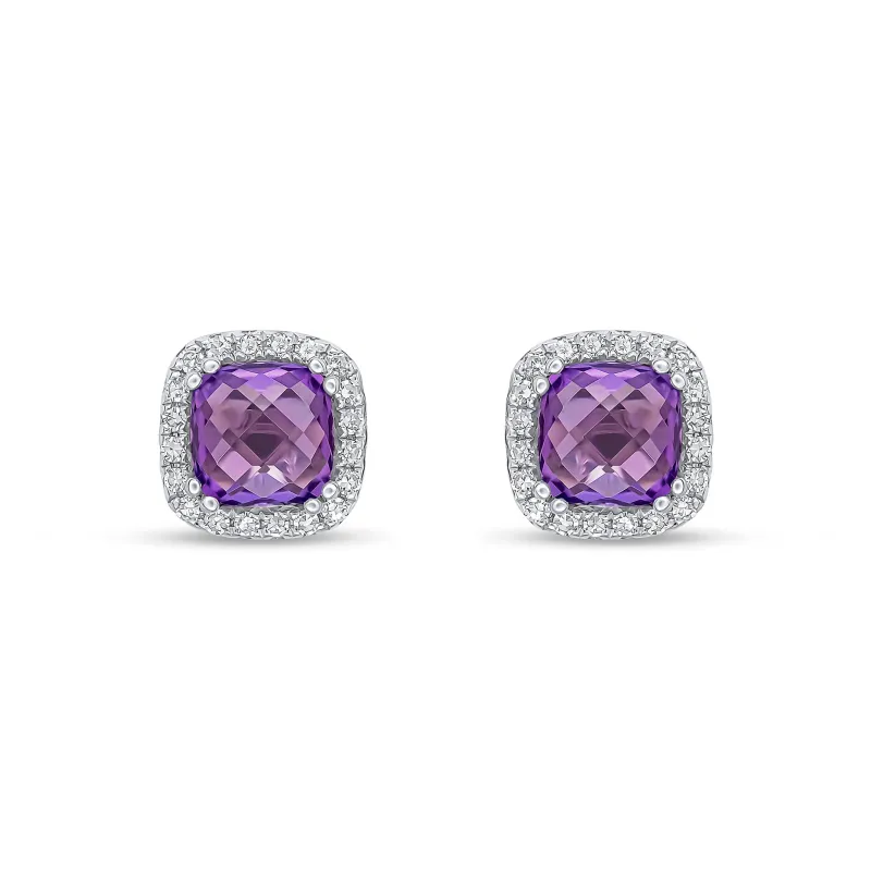 9ct White Gold 5mm Diamond & Amethyst Checkerboard Cut Cushion Cluster Earrings sold by C.W. Sellors