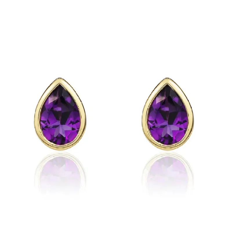 9ct Yellow Gold Amethyst Pearshaped  Rubover Set Earrings sold by C.W. Sellors
