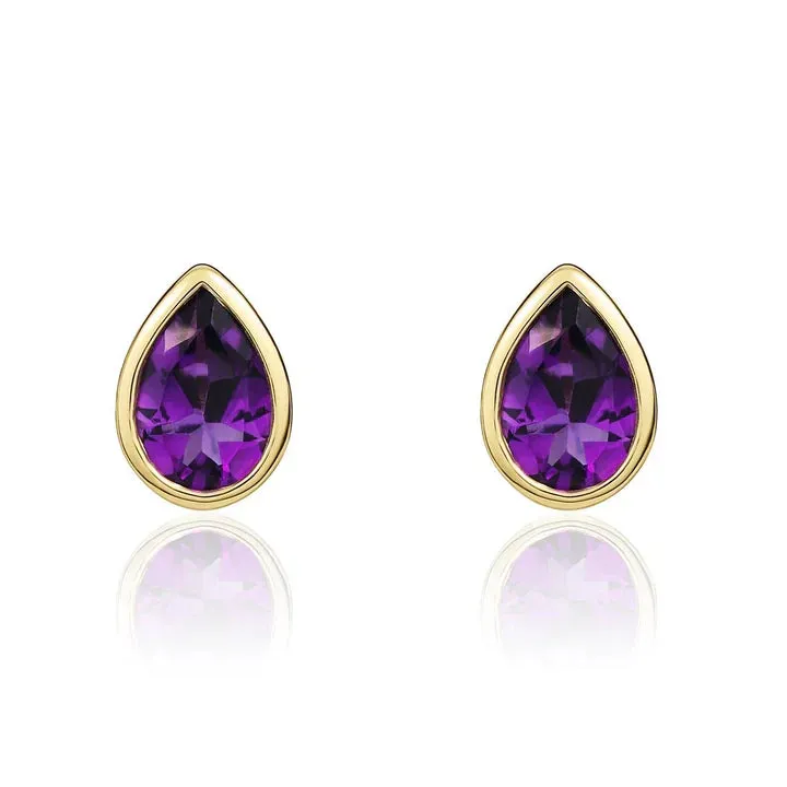 9ct Yellow Gold Amethyst Pearshaped Rubover Set Earrings sold by C.W. Sellors