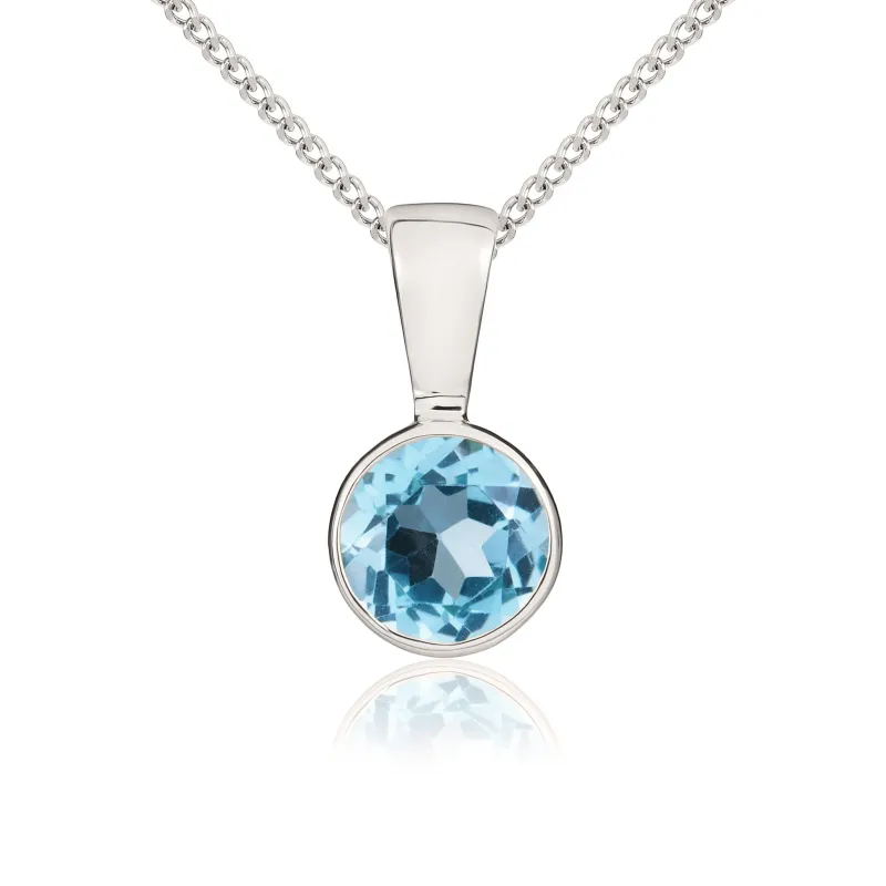 9ct White Gold 5mm Round Swiss Blue Topaz Rubover Pendant & Chain sold by C.W. Sellors