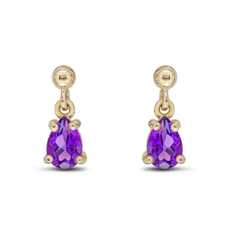 9ct Yellow 6x4 Pearshaped Amethyst Claw Set Drop Earrings sold by C.W. Sellors