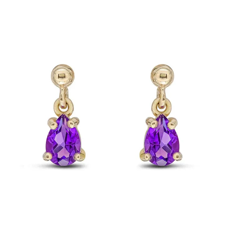 9ct Yellow 6x4 Pearshaped Amethyst Claw Set Drop Earrings sold by C.W. Sellors