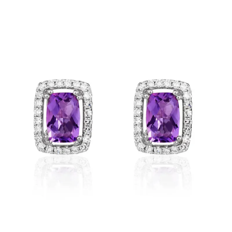 9ct White Gold  Cushion Amethyst & Diamond Cluster Earring sold by C.W. Sellors