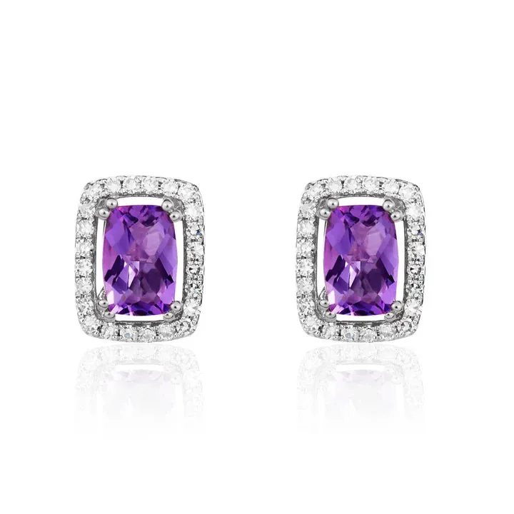 9ct White Gold Cushion Amethyst & Diamond Cluster Earring sold by C.W. Sellors
