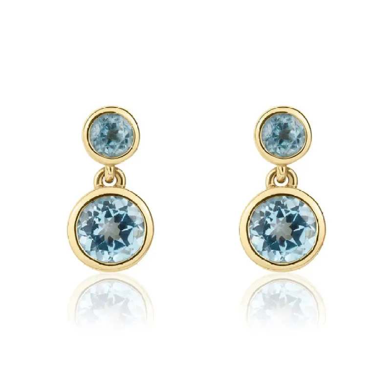 9ct Yellow Gold Swiss Blue Topaz Round  Rubover 2st Drop Earrings sold by C.W. Sellors
