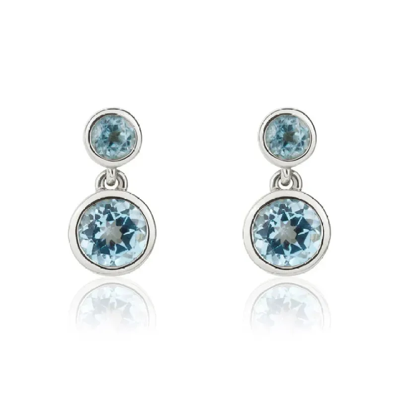 9ct White Gold Round Swiss Blue Topaz Rubover 2st Drop Earrings sold by C.W. Sellors