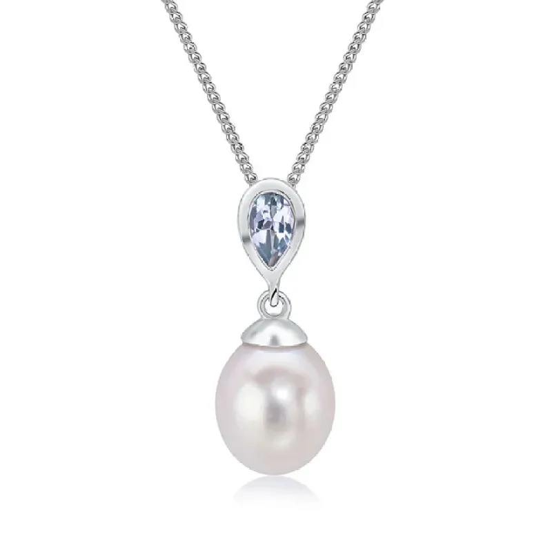 9ct White Gold Pearl & Single Pearshaped Aquamarine Drop Pendant & Chain sold by C.W. Sellors