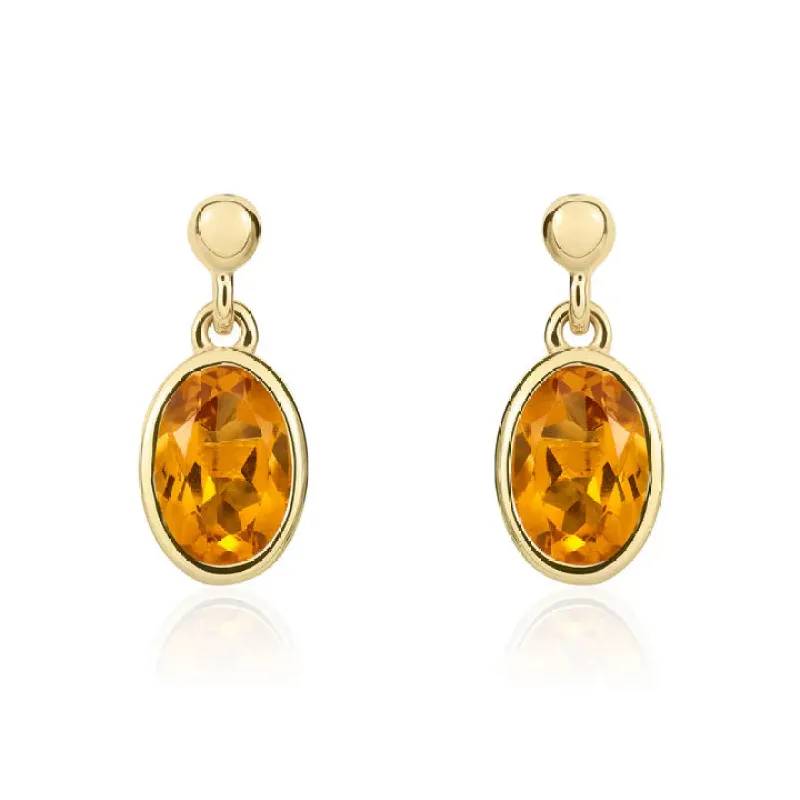 9ct Yellow Gold Oval Citrine Rubover Drop Earrings sold by C.W. Sellors