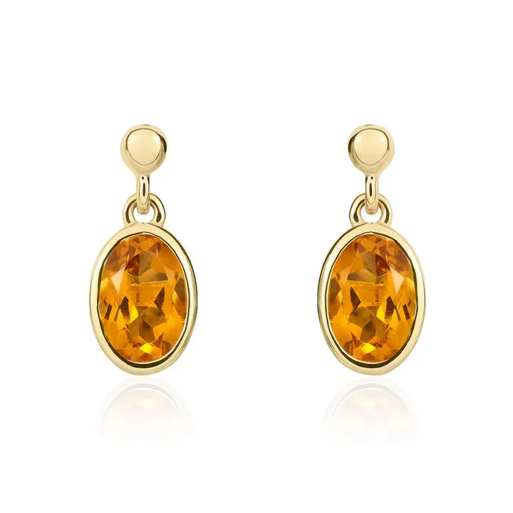 9ct Yellow Gold Oval Citrine Rubover Drop Earrings sold by C.W. Sellors