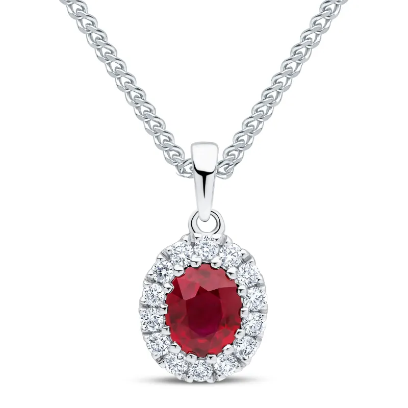 18ct White Gold 5x4 Round Diamond & Oval Ruby Claw Set Cluster Pendant & Chain sold by C.W. Sellors