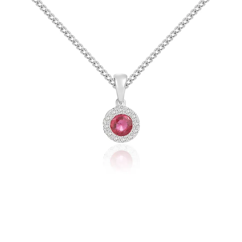 18ct White Gold 4mm Round Ruby & Diamond 0.09ct Microset Cluster Pendant & Chain sold by C.W. Sellors