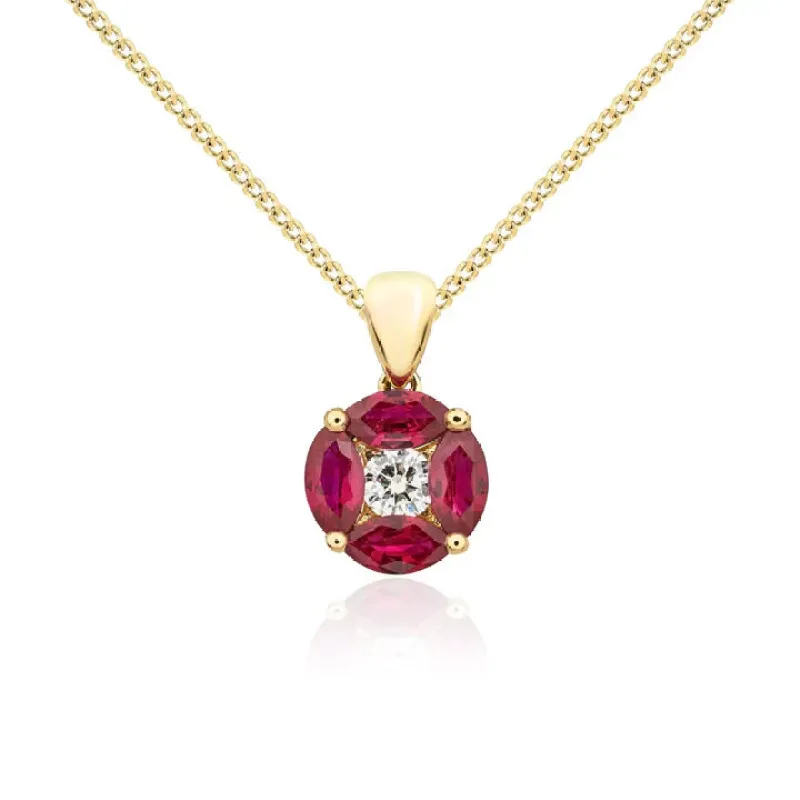 18ct Yellow Gold Round Diamond & Ruby Marquise Claw Set Cluster Pendant & Chain sold by C.W. Sellors