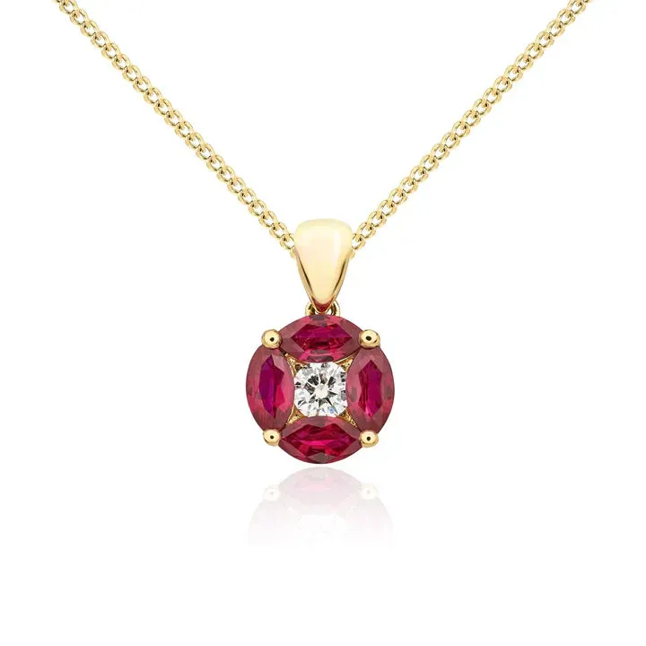 18ct Yellow Gold Round Diamond & Ruby Marquise Claw Set Cluster Pendant & Chain sold by C.W. Sellors