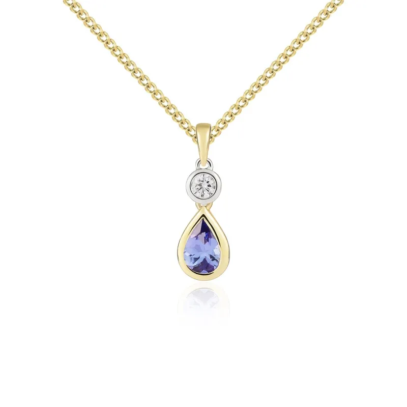 18ct Yellow and Yellow Gold Round Diamond & Tanzanite Rubover 2 Stone Pearshaped Drop Pendant & Chain sold by C.W. Sellors
