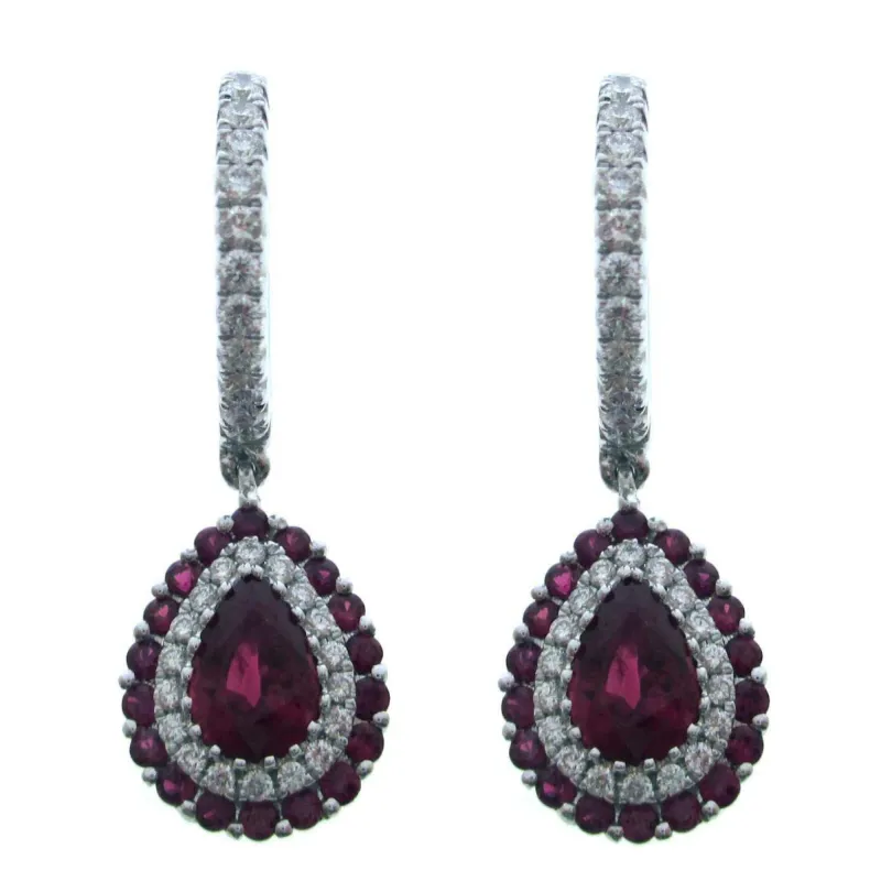 18ct White Gold Ruby & Diamond 0.33ct Pearshaped Cluster Hoop Earrings sold by C.W. Sellors