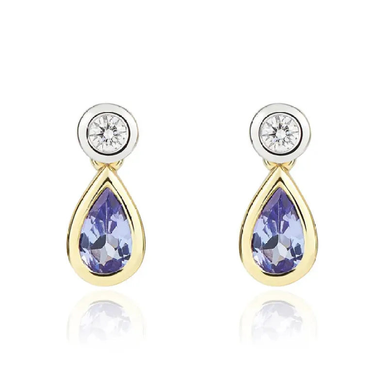 18ct Yellow and White Gold 0.07ct Round Diamond & Pearshaped Tanzanite Rubover 2st Drop Earrings sold by C.W. Sellors