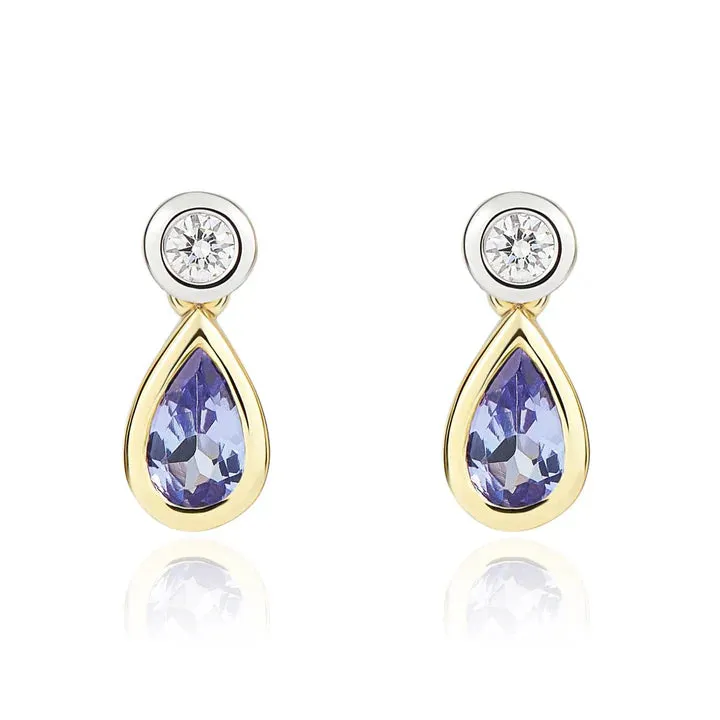 18ct Yellow and White Gold 0.07ct Round Diamond & Pearshaped Tanzanite Rubover 2st Drop Earrings sold by C.W. Sellors