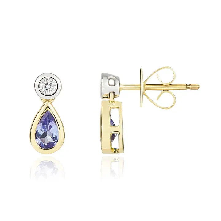 18ct Yellow and White Gold 0.07ct Round Diamond & Pearshaped Tanzanite Rubover 2st Drop Earrings sold by C.W. Sellors product image thumbnail 2