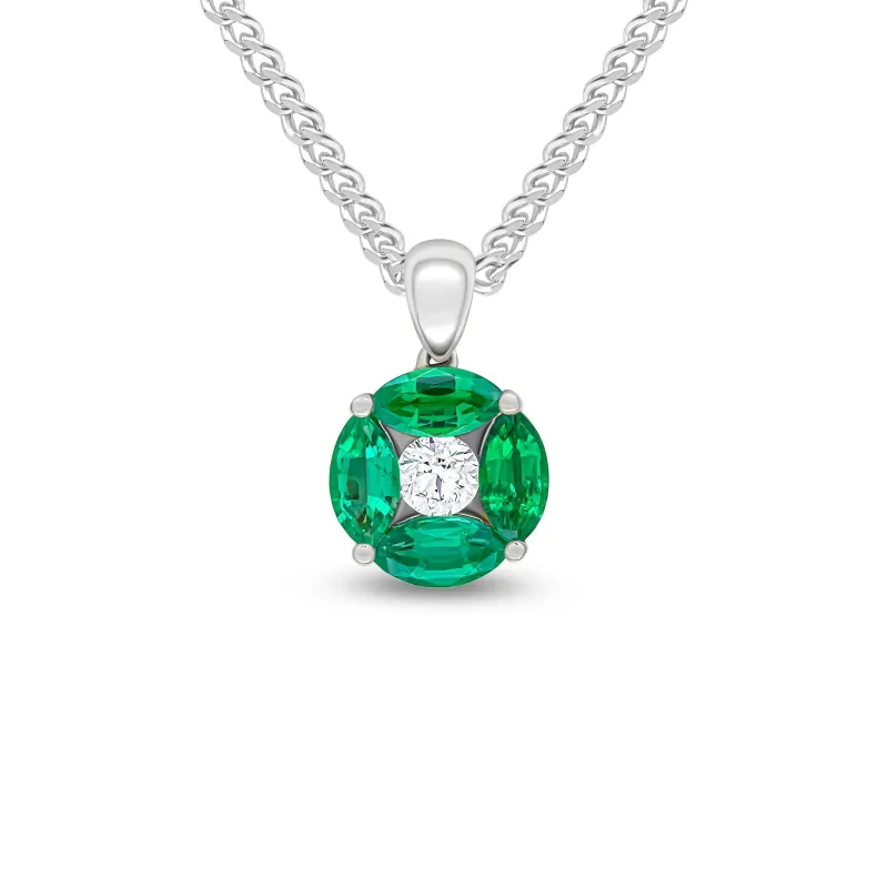 18ct White Gold 0.17ct Diamond & Marquise Emerald Reverse Cluster Pendant & Chain sold by C.W. Sellors