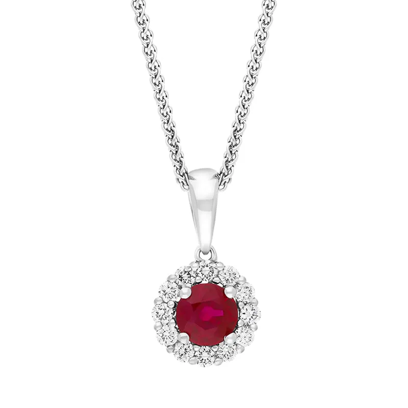 18ct White Gold Ruby Diamond Cluster Necklace sold by C.W. Sellors
