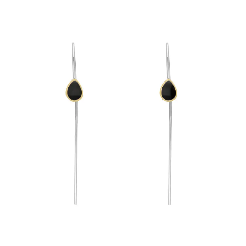 9ct Yellow Gold Sterling Silver Whitby Jet Stepping Stones 5x7mm Pear Drop Hook Earrings sold by C.W. Sellors