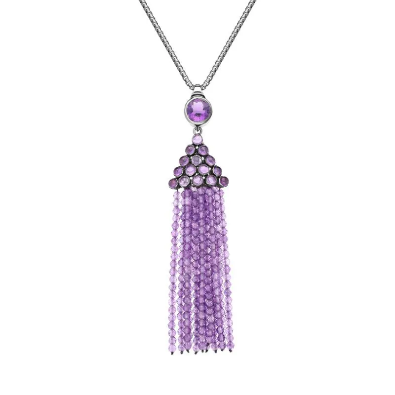 Sterling Silver Black Rhodium Amethyst Round Cascade Tassel Necklace D sold by C.W. Sellors