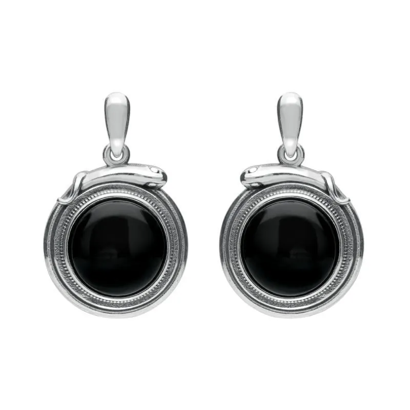 Sterling Silver Whitby Jet Small Round Snake Edge Drop Earrings sold by C.W. Sellors