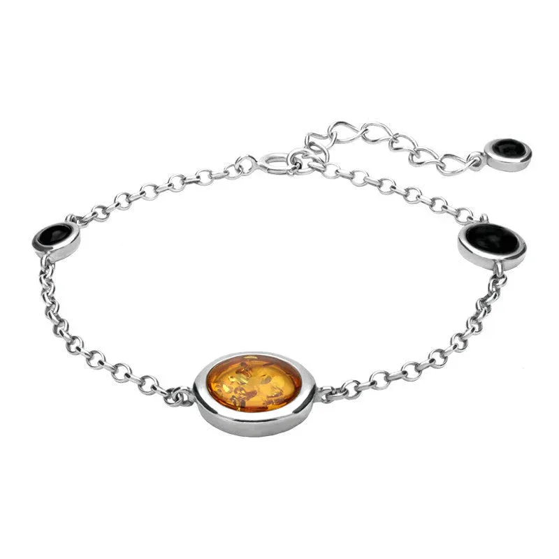 Sterling Silver Whitby Jet Amber Round Four Stone Bracelet made by C.W. Sellors