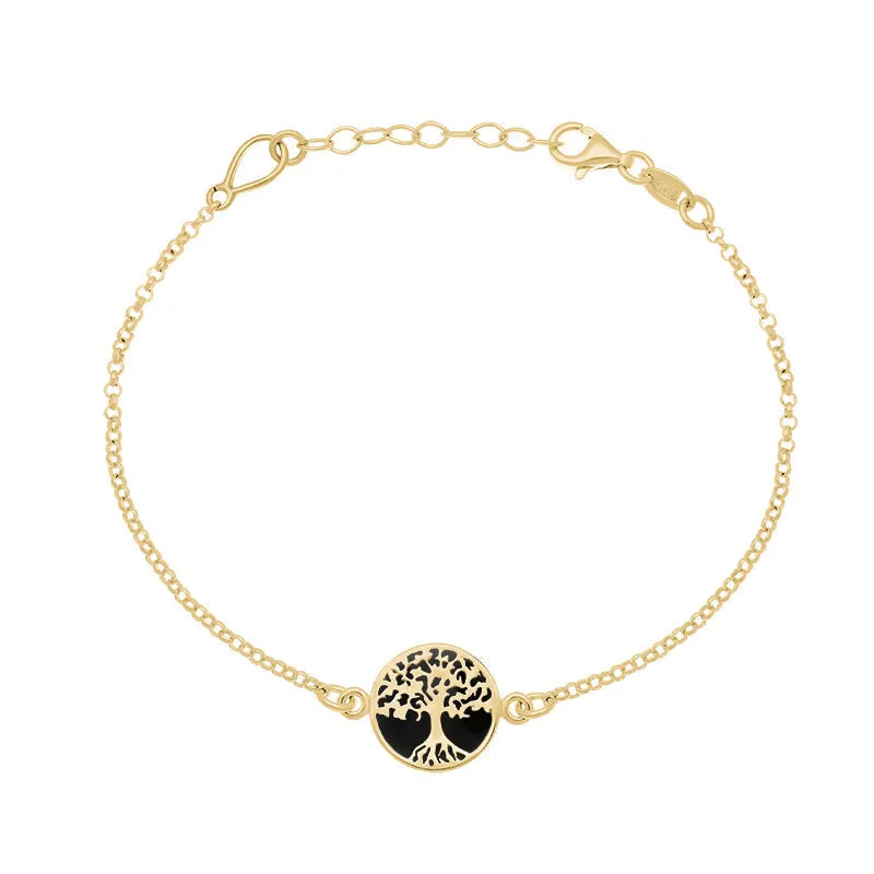 9ct Yellow Gold Whitby Jet Round Tree of Life Chain Bracelet made by C.W. Sellors