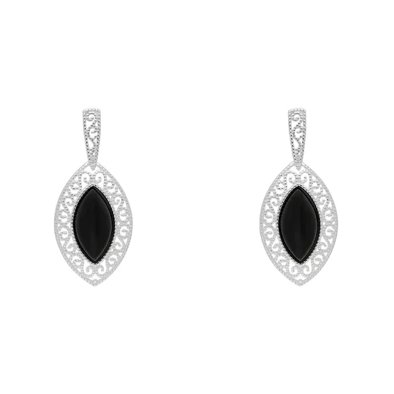 Sterling Silver Whitby Jet Marquise Drop Earrings made by C.W. Sellors