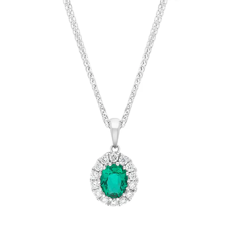 18ct White Gold Emerald Diamond Pave Oval Pendant made by C.W. Sellors