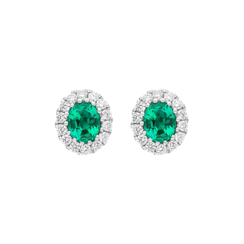 18ct White Gold Emerald Diamond Oval Cluster Stud Earrings made by C.W. Sellors