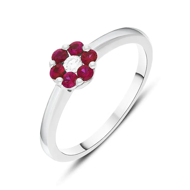 18ct White Gold Ruby Diamond Round Cluster Ring sold by C.W. Sellors