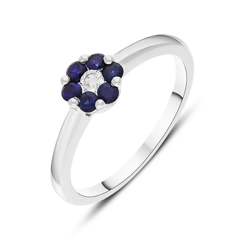 18ct White Gold Sapphire Diamond Round Cluster Ring made by C.W. Sellors
