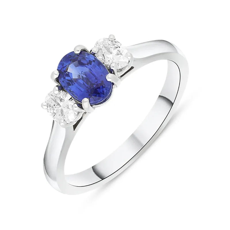 18ct White Gold Sapphire Diamond Oval Cut Three Stone Ring made by C.W. Sellors