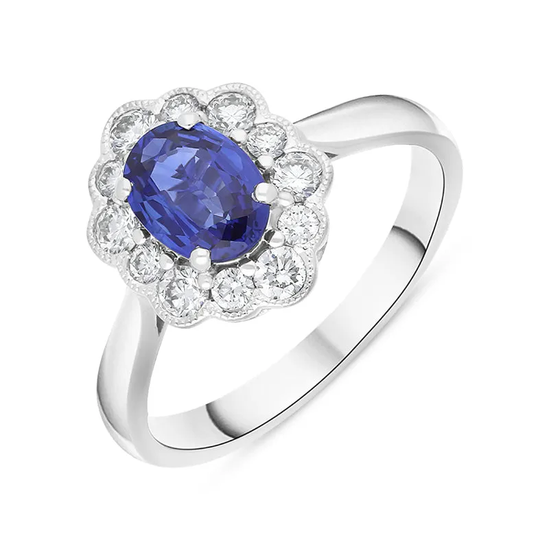 18ct White Gold 0.80ct Sapphire Diamond Oval Cluster Halo Ring made by C.W. Sellors