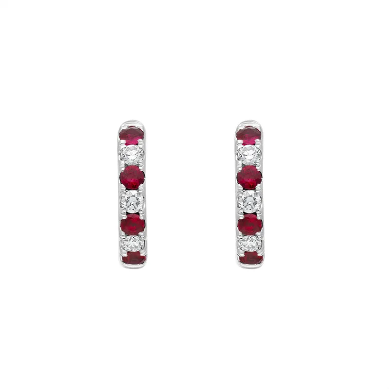 18ct White Gold Ruby Diamond Seven Stone Hoop Earrings made by C.W. Sellors