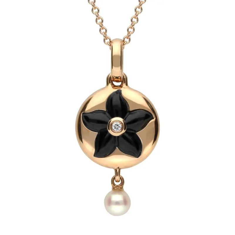 18ct Rose Gold Whitby Jet Diamond Flower Necklace made by C.W. Sellors