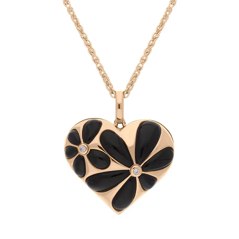 18ct Rose Gold Whitby Jet Diamond Heart Flower Necklace sold by C.W. Sellors