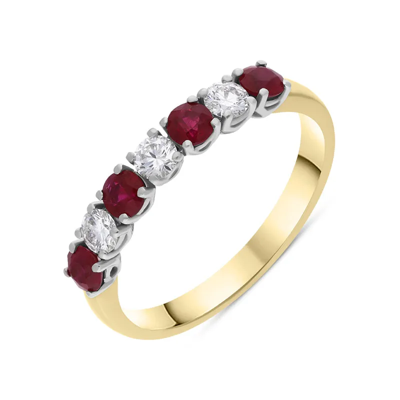 18ct Yellow Gold Ruby Diamond Seven Stone Half Eternity Ring made by C.W. Sellors