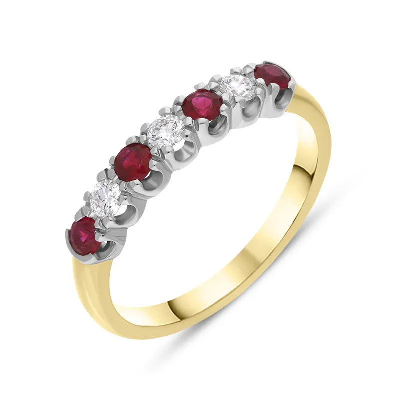 18ct Yellow Gold Ruby Diamond Seven Stone Half Eternity Ring made by C.W. Sellors
