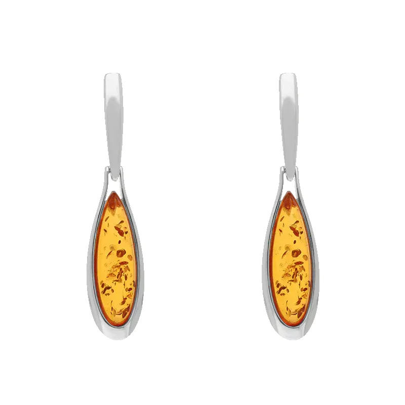 Sterling Silver Amber Long Pear Drop Earrings made by C.W. Sellors