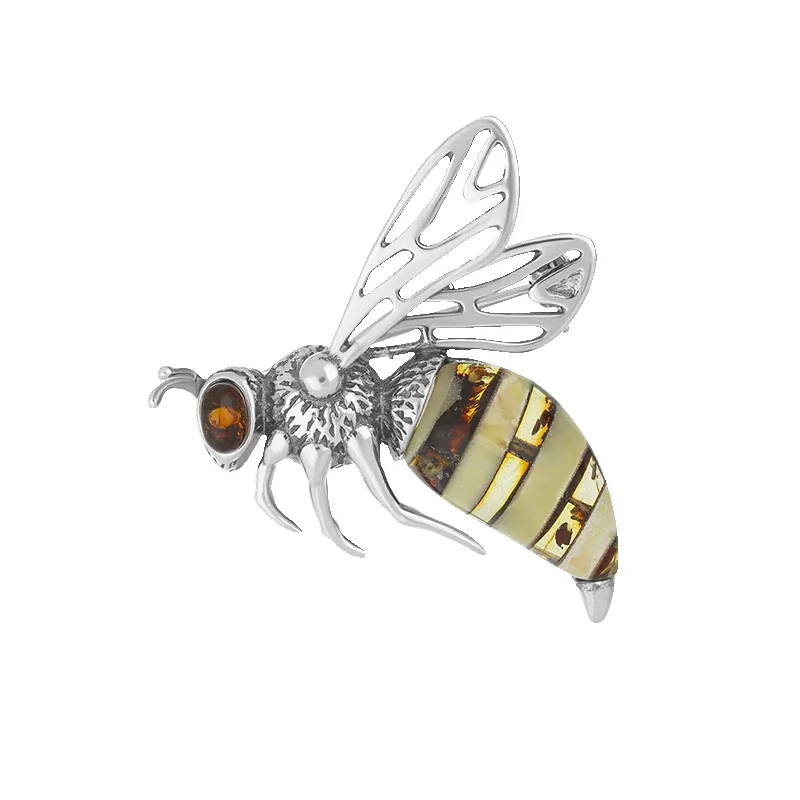 Sterling Silver Baltic Amber Filigree Wings Bee Brooch made by C.W. Sellors