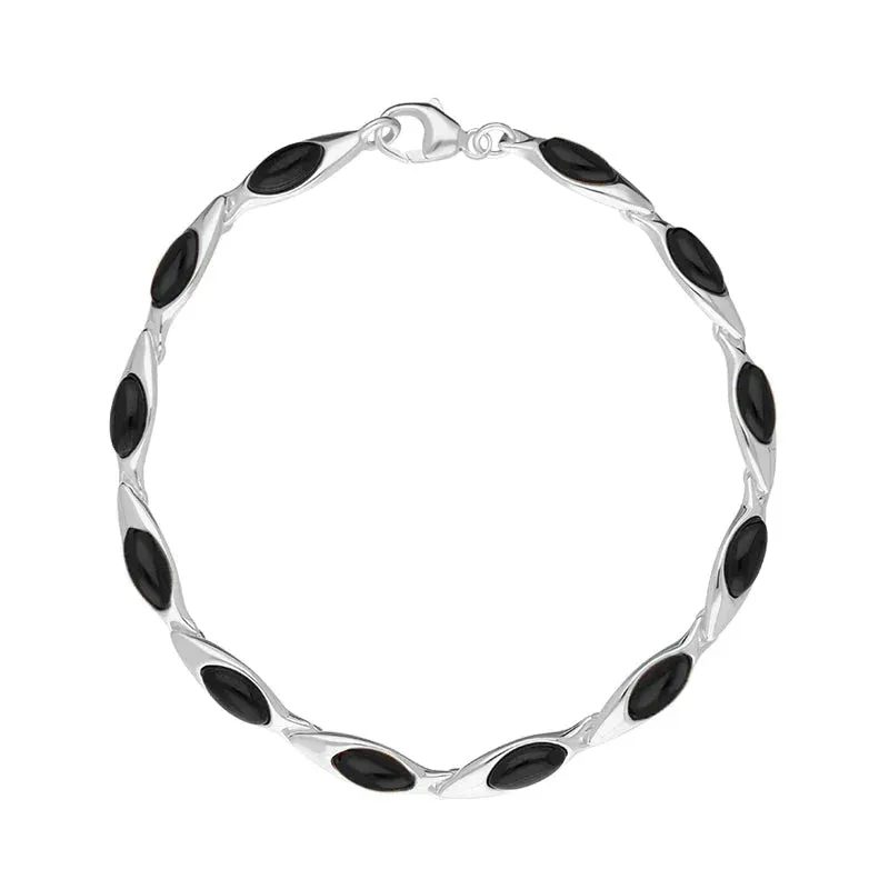Sterling Silver Whitby Jet Marquise Link Bracelet made by C.W. Sellors