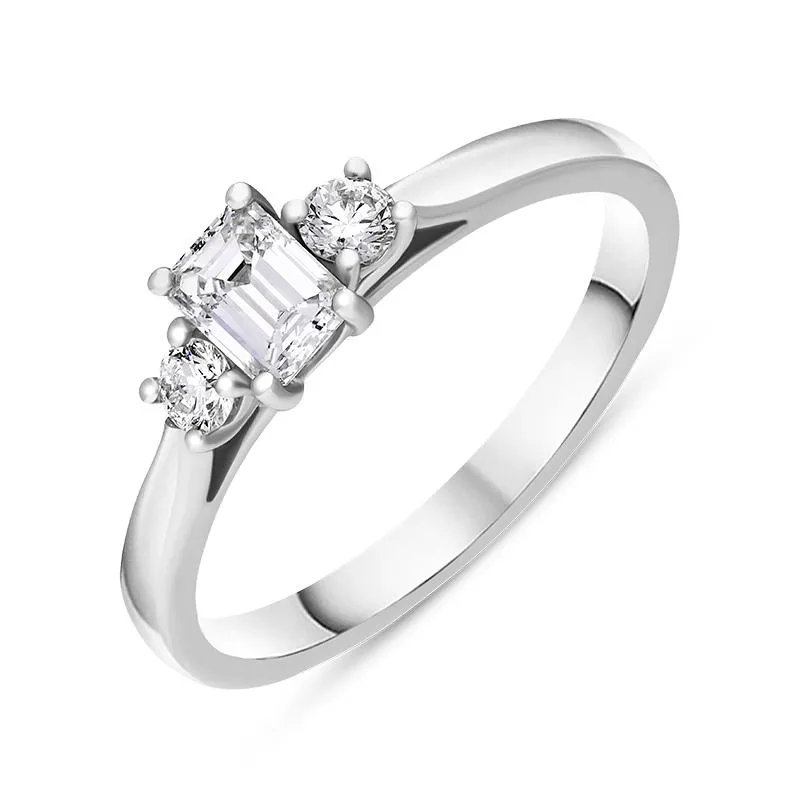 Platinum Diamond Emerald and Round Brilliant Cut Three Stone Ring made by C.W. Sellors